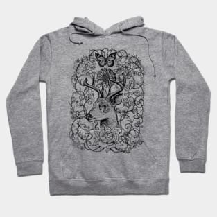 Deer with flowers - Black and White drawing - Spirt animal stag. Hoodie